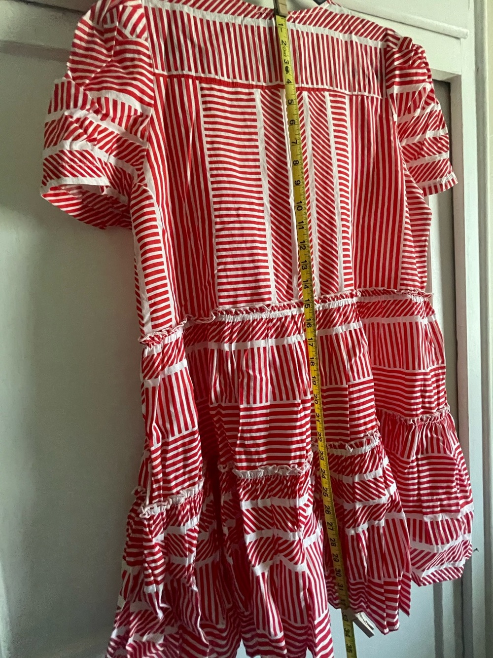 Aqua Puff Sleeve Red and White Striped Tiered V-Neck Mini Dress. Pre-Owned. - Picture 9 of 10